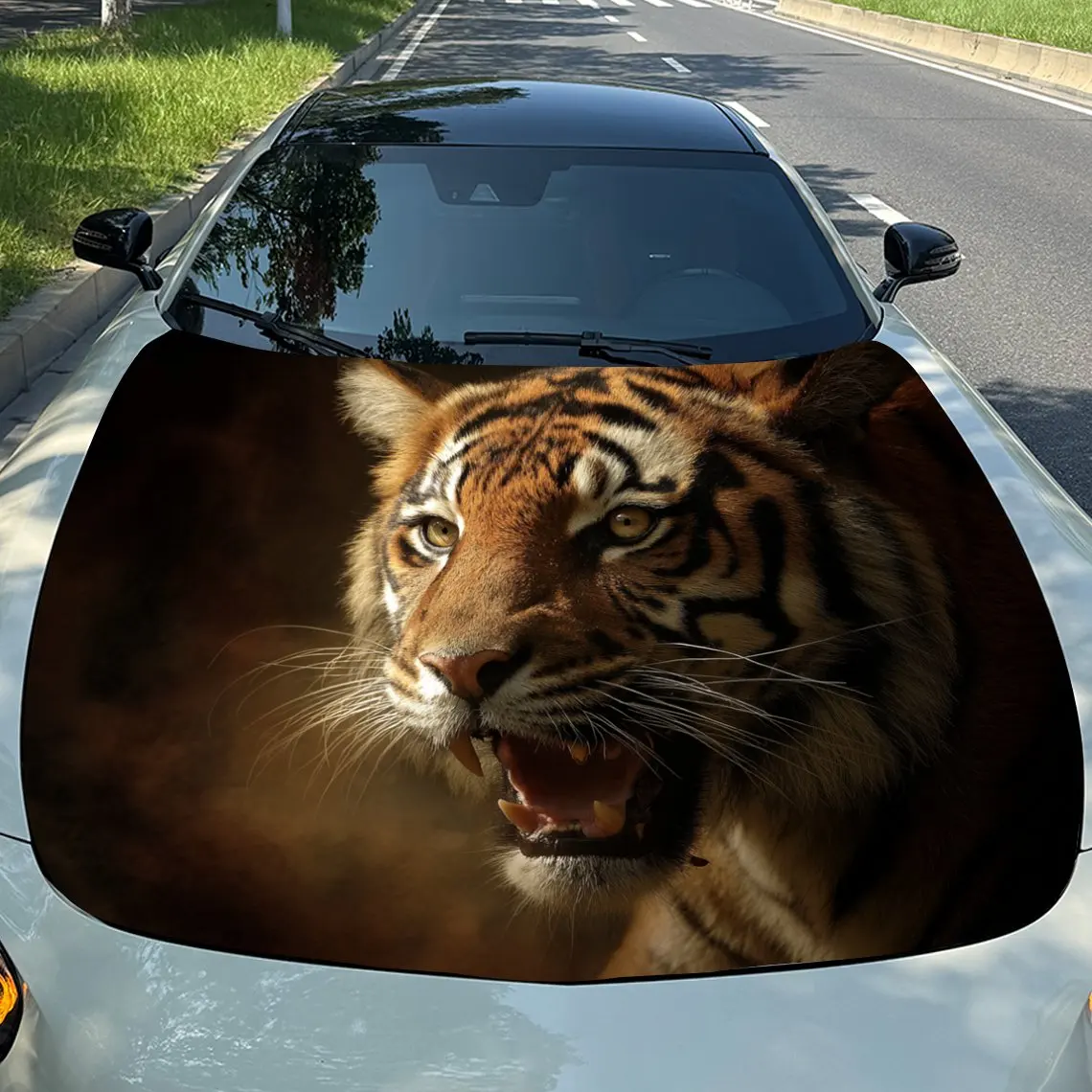 Car Decals Tiger with a Lifelike, Intense Artistic Appearance, Showcasing a Roaring Pose and Conveying a Strong Sense of Ferocit