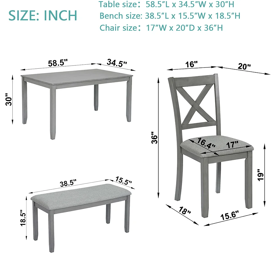 #6 Piece Modern Eco-Friendly Durable Kitchen Dining Set Rectangular Wooden Dining Table 4 Upholstered Chairs