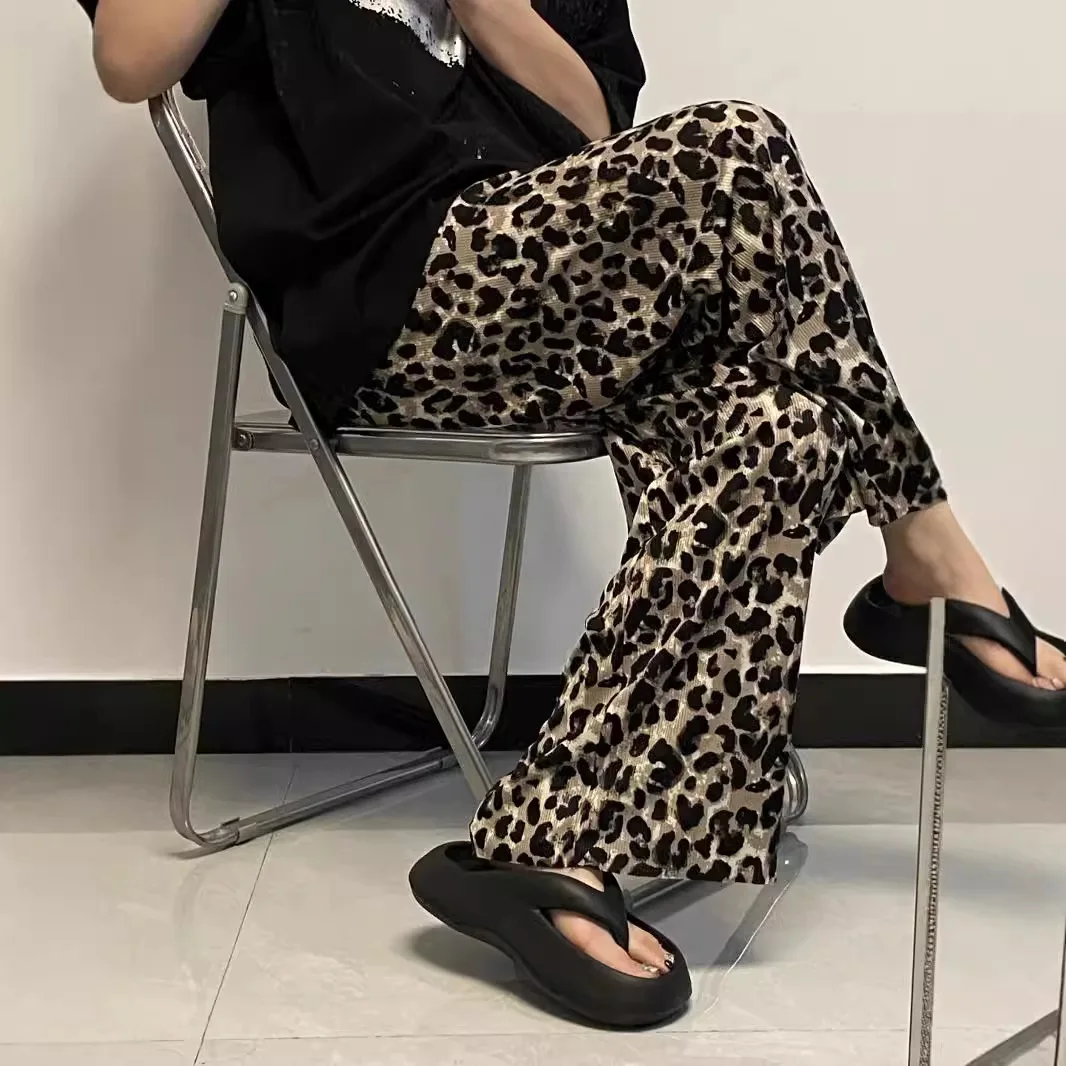 American Retro Leopard Print Wide Leg Pants Drawstring Casual Thin High Waist Draping Straight Leg Ice Silk Floor-Length Pants