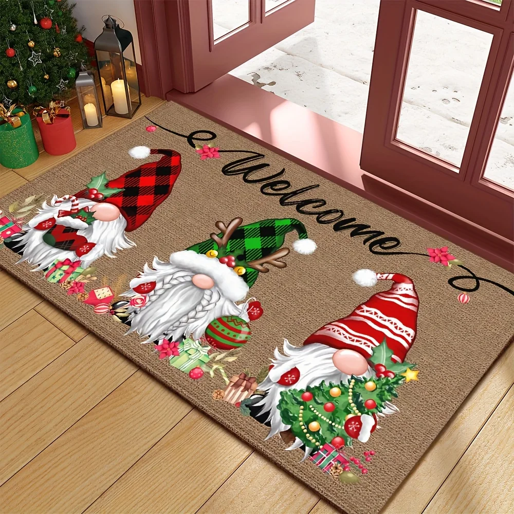 2d Printed Brown Three Christmas Gnomes Welcome Doormat Non Slip Entrance Rug For Holiday Party Home Decor Gift
