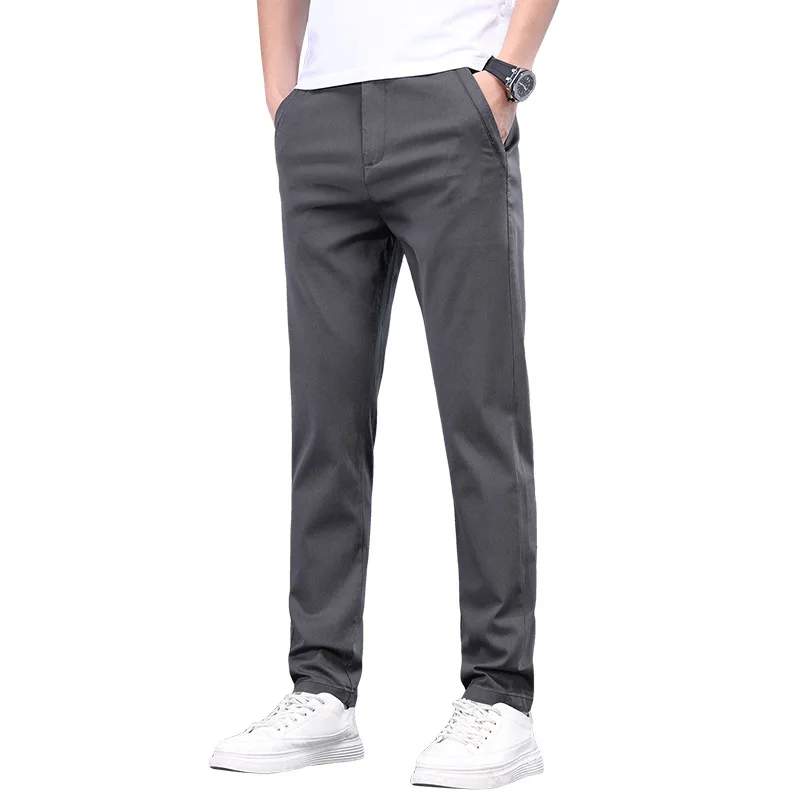 Brand Clothing Summer Soft Stretch Bamboo Fiber Fabric Men's Casual Pants Thin Slim Elastic Waist Business Grey Trousers Male 38