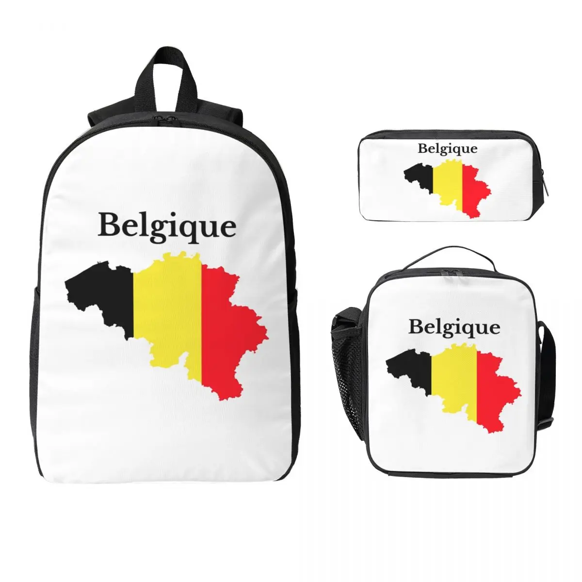 

Belgium Flag Map Design In French Backpack Student BookBag School Bag Computer Shoulder Bags 3ps Insulated Lunch Bag Pencil Case