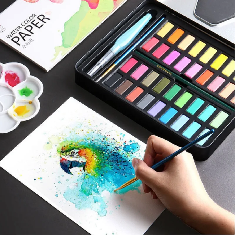 

48/36/24 Colour Watercolor Paint Set,Portable Box Solid Pigment With Water Brushes And Papers for Artists and Beginners Art Supp