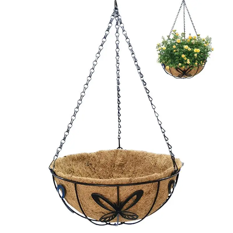 Metal Planter Basket Hanging Plant Pot Holder Flowerpot Wicker Rattan Flower Basket Plant Pot Holder With Coconut Palm Liner