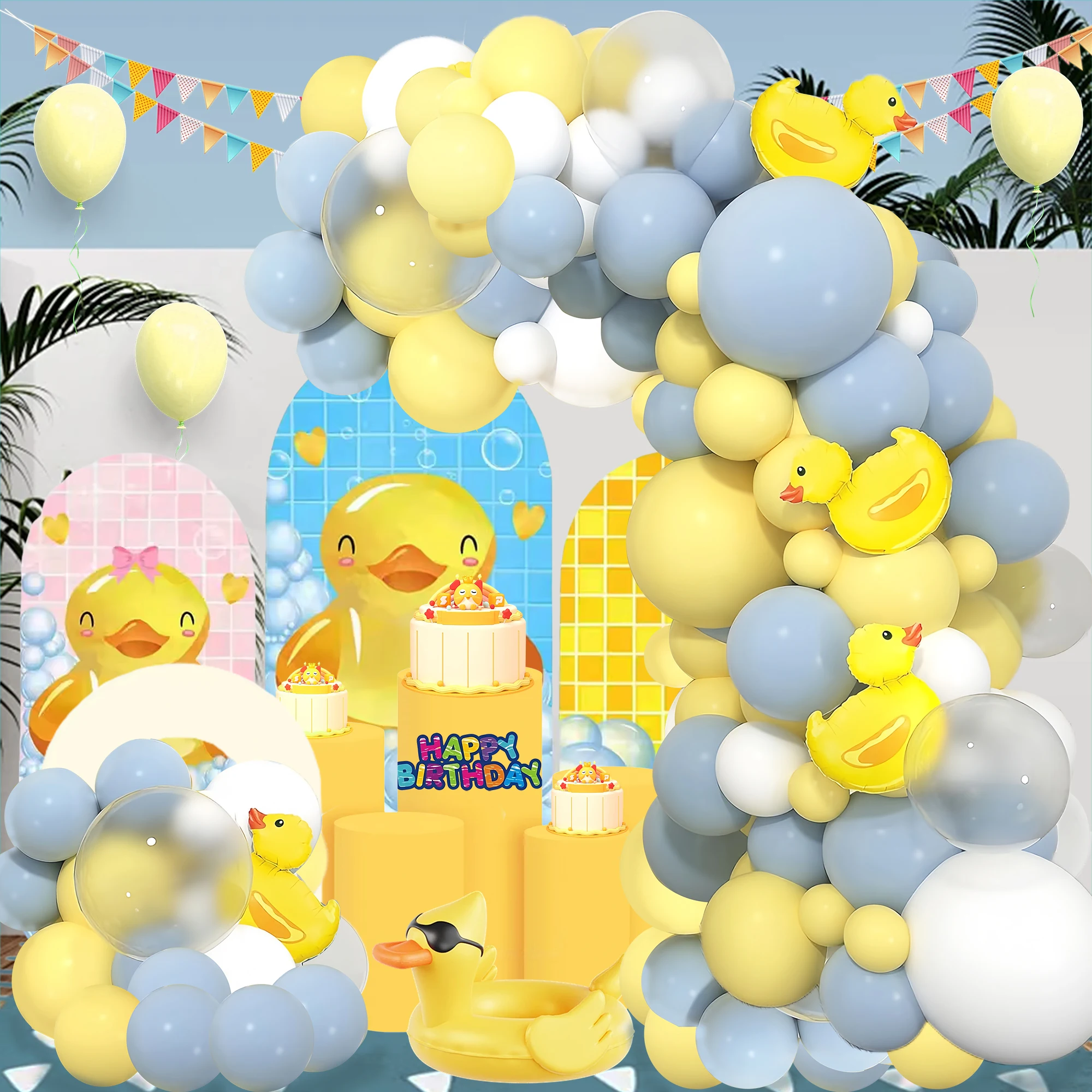 Conjunto de arco de balão com tema de pato amarelo pequeno, 4 mini balões de folha de alumínio em forma de pato amarelo, balões de látex cinza de neblina amarela de maca para aniversário, festa na piscina, festa na praia e outras decorações