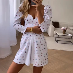 Casual Floral Print Pleated Mini Dress Elegant Chest Wrap Party Short Dress Ladies Sexy V-neck Long Sleeved Fake Two-piece Dress