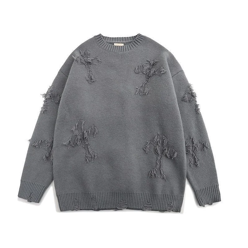 

American High Street Ripped Tassel Sweater Men and Women in Autumn and Winter Loose Laziness Thickened Round Neck Sweater Jacket