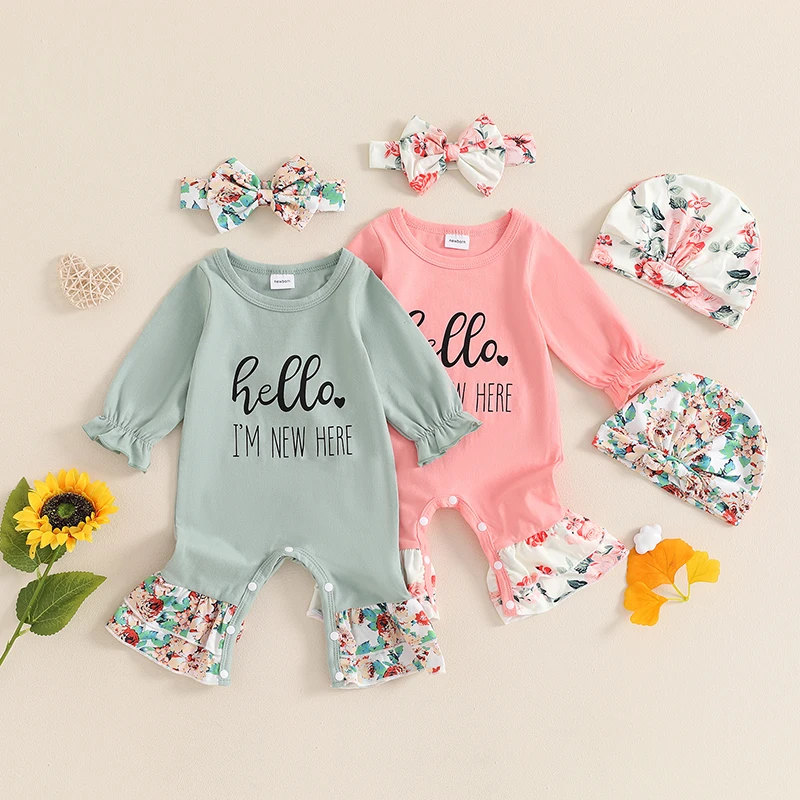 

0-6M Newborn Baby Girl Clothes Romper Infant Girl Fall Outfits Ruffle Long Sleeve Bodysuit Jumpsuit Letter Print Bow Headband