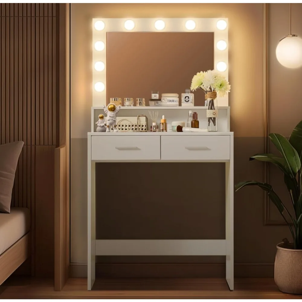 

Vanity Desk with Mirror and Lights,Dressing Table with Large Drawer2Level Storage Dresser 3 Lighting Modes Adjustable Brightness