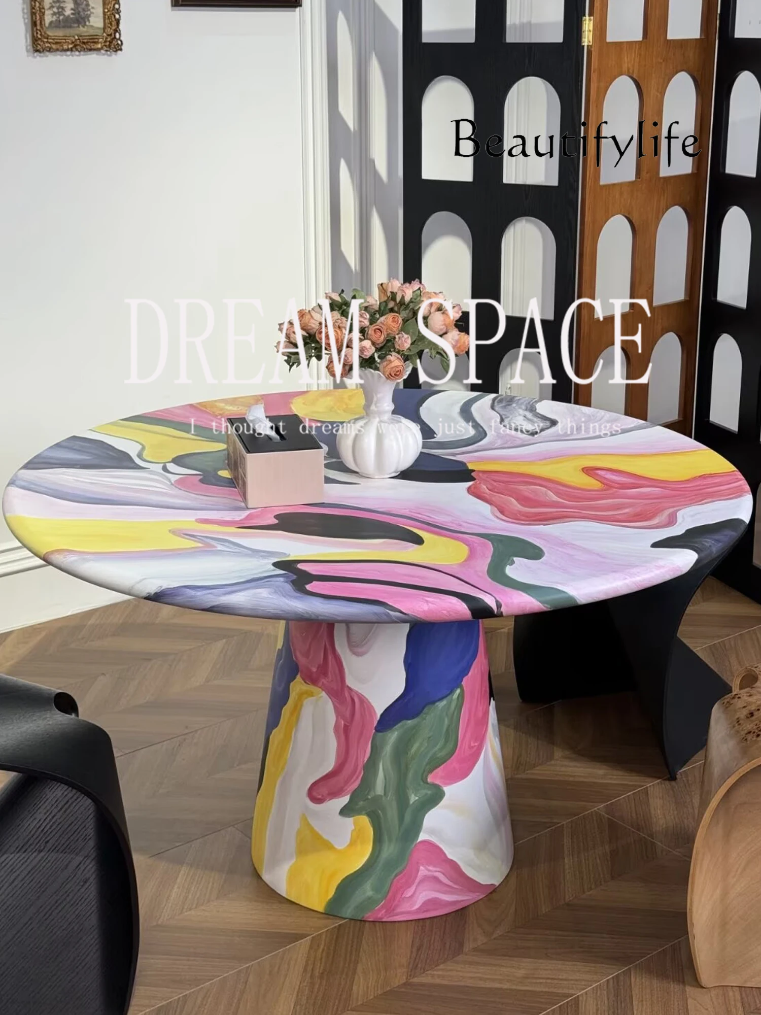 

Medieval retro art painting solid wood round dining table master design hand-painted personality simplicity high sense