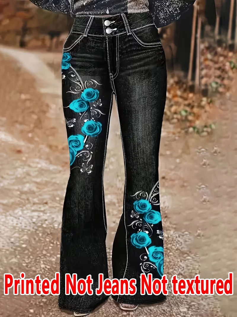 1313  Ladies Non-Leather Bell Bottom Pants Floral Print Denim Style Four Season Wearable Ladies Long Trousers