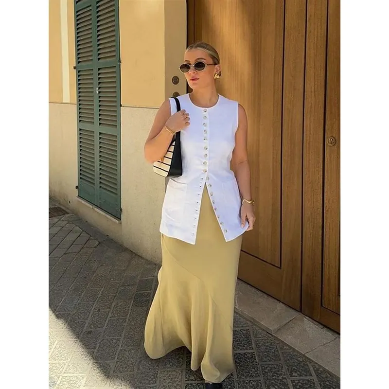 

Ele Women's Single-breasted Long Vest Cleanfit Sle A-line Sve Linen Material Summer 207 Ladies' T-irt