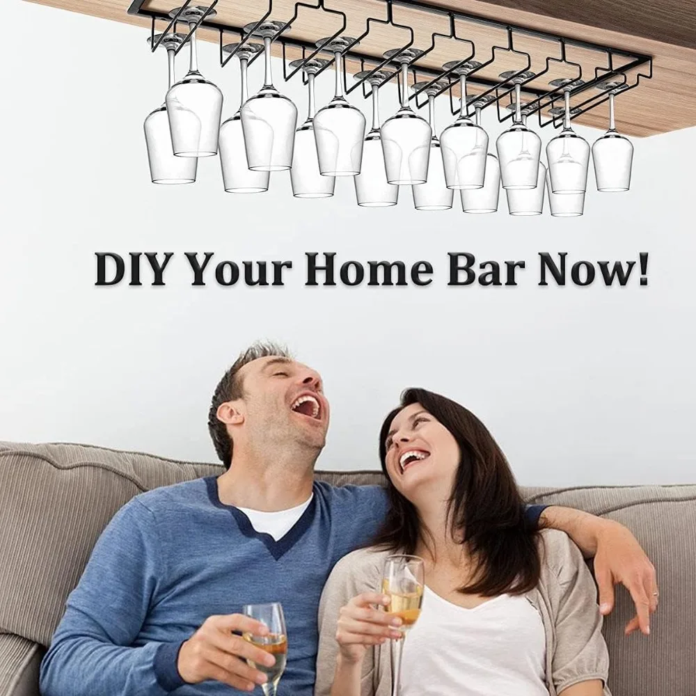 Under Cabinet Wine Glass Rack, 8 Row Large Stemware Hanger, Metal Holder for Bar Kitchen with Screws Included