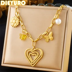 DIEYURO 316L Stainless Steel Flower Butterfly Golden Lines Heart Pendant Necklace For Women New Fashion Neck Chain Jewelry Gift