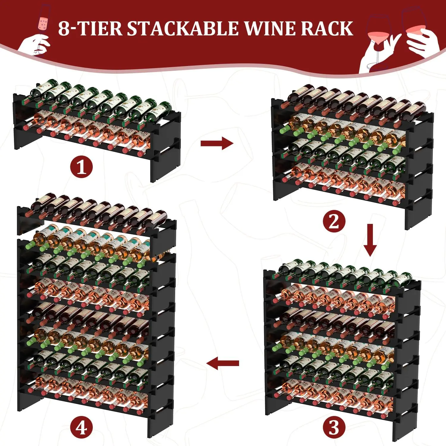 Wine Rack Freestanding Floor - 8 Tiers  Bottle Holder 72 Bottle Stackable Wine Rack， Bamboo  Holder  Storage