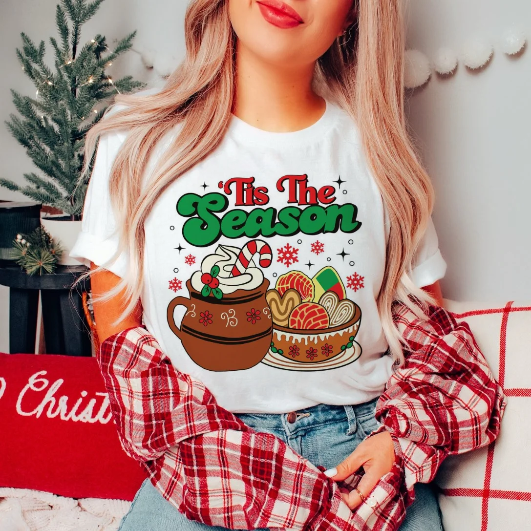 Graphic Cartoon Christmas T-Shirt Style Tis The Season Pan Dulce Christmas Printed O-Neck New Year Casual Women's Cute Top T-Shi