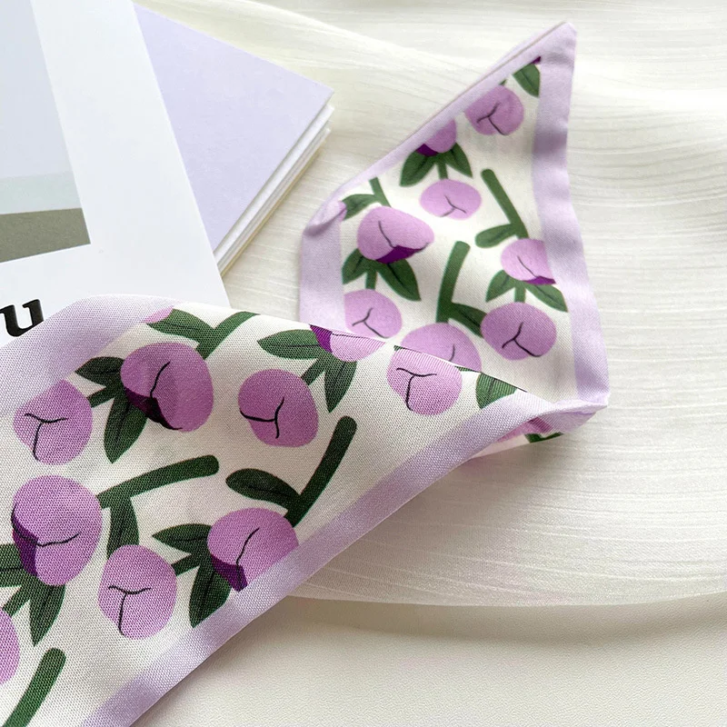 Petit Foulard Étroit et Long pour Femme, Style Coréen, Assressenti, Violet, Floral, Sac Souvenir, Ruban