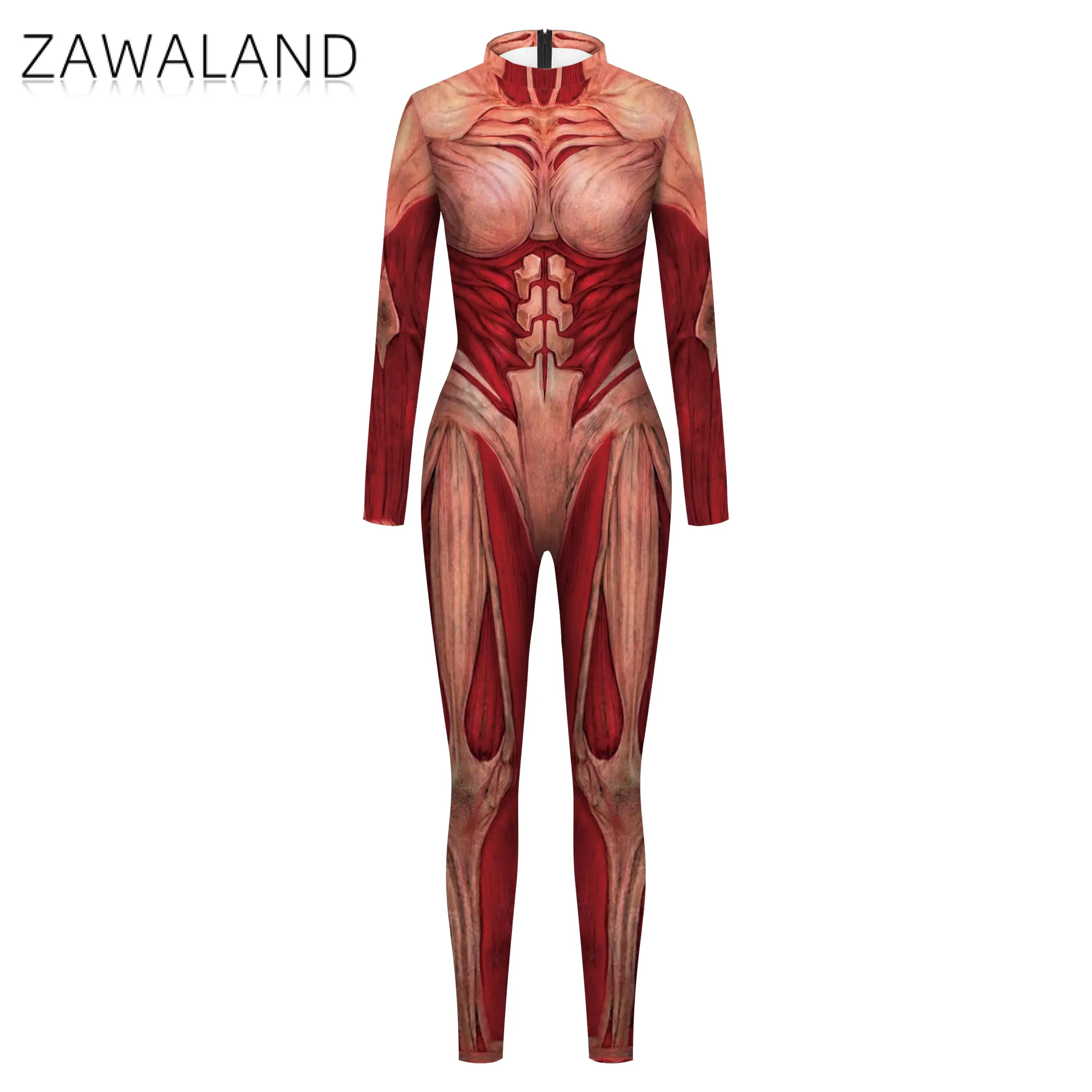 Zawaland Hallowen Carnival Matching Outfits Cosplay Human Muscle Zentai 3D Printing Long Sleeve Bodysuit Party Costume Women