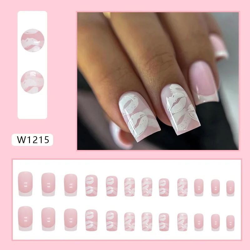 White Lips 24 Pcs Press on Nails Pink Gradient Fake Nails Glossy Artificial Finger Manicure Reusable False Nails for Women