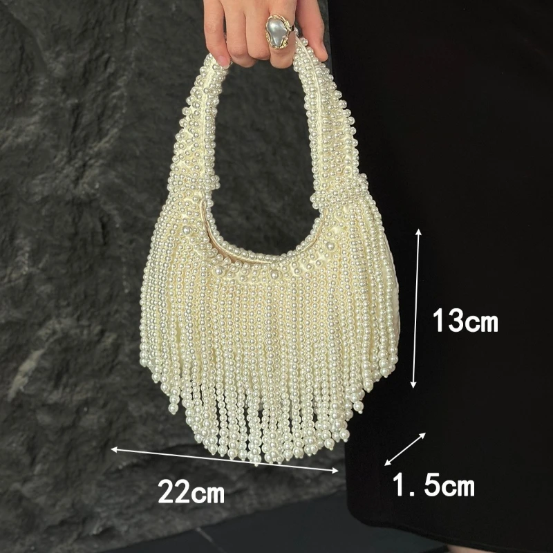 Luxury Handmade Faux Pearl Beaded Evening Clutch, Vintage Fringe Detail Shoulder Bag, Elegant Party Wedding Handbag for Women