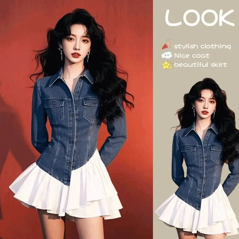 Unique Super Good-looking Temperament Denim Dress Women Spring New Cold Department Fake Two Short Skirts Sell Well in Stores