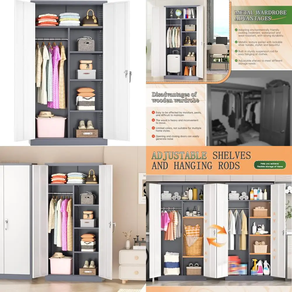 خزانة ملابس معدنية مع قفل، 72 قضيب تعليق ومنظم خزانة أرفف قابلة للتعديل