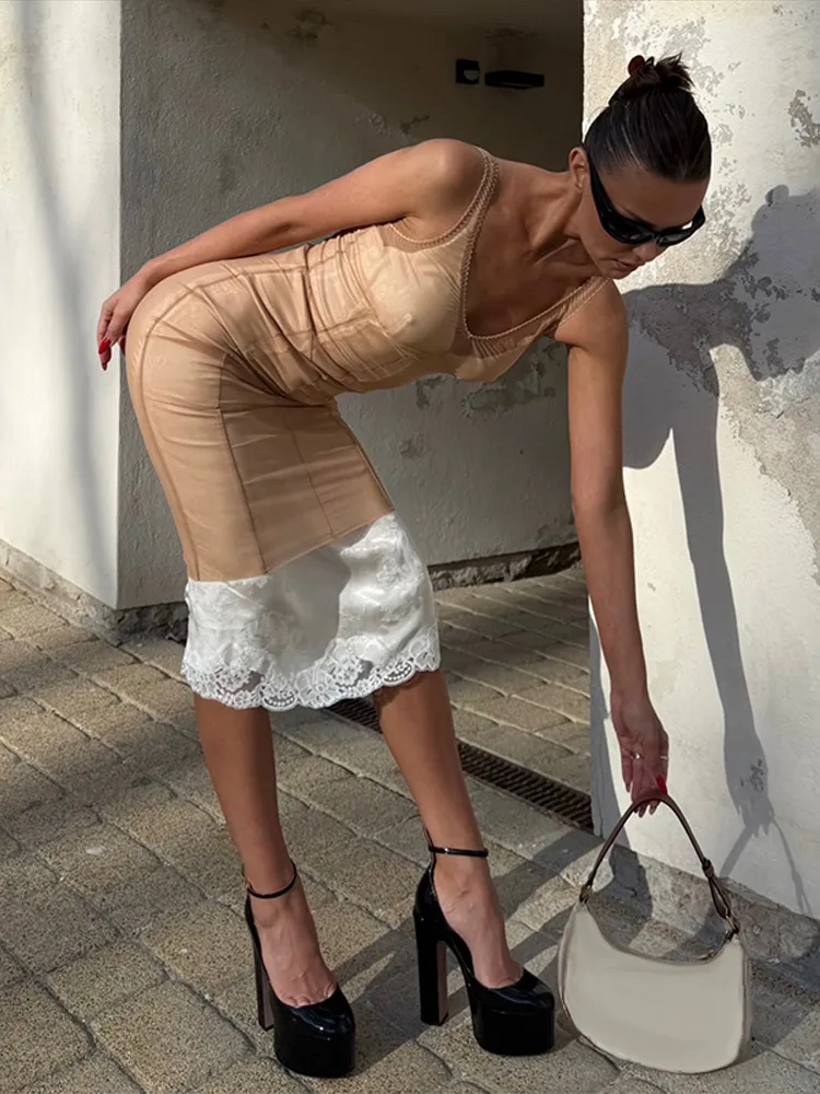 Transparentes Mesh-Overlay Spitzenbesatz Slip Langes Kleid Damen Sexy V-Ausschnitt Ärmellos Bodycon Kleider Charmante Figurbetonte Kleider für Dates und Partys – Detail 25