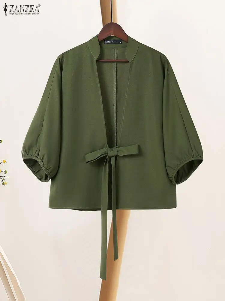 2025ZANZEA Elegante V-ausschnitt Laterne Hülse Strickjacke Hemd Herbst Frauen Tops Stilvolle Solide OL Arbeit Bluse Casual Spitze-up Blusas