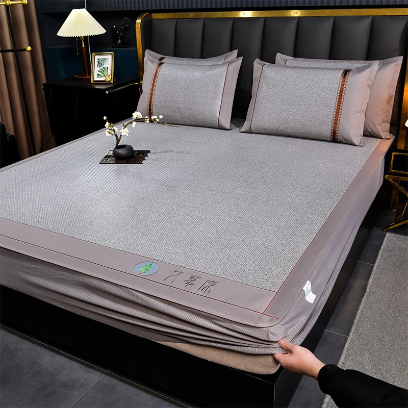 new-natural-bamboo-leaf-three-piece-bedding-set-vine-rattan-ice-silk-mat-foldable-antibacterial-double-bed-modern-chinese-style