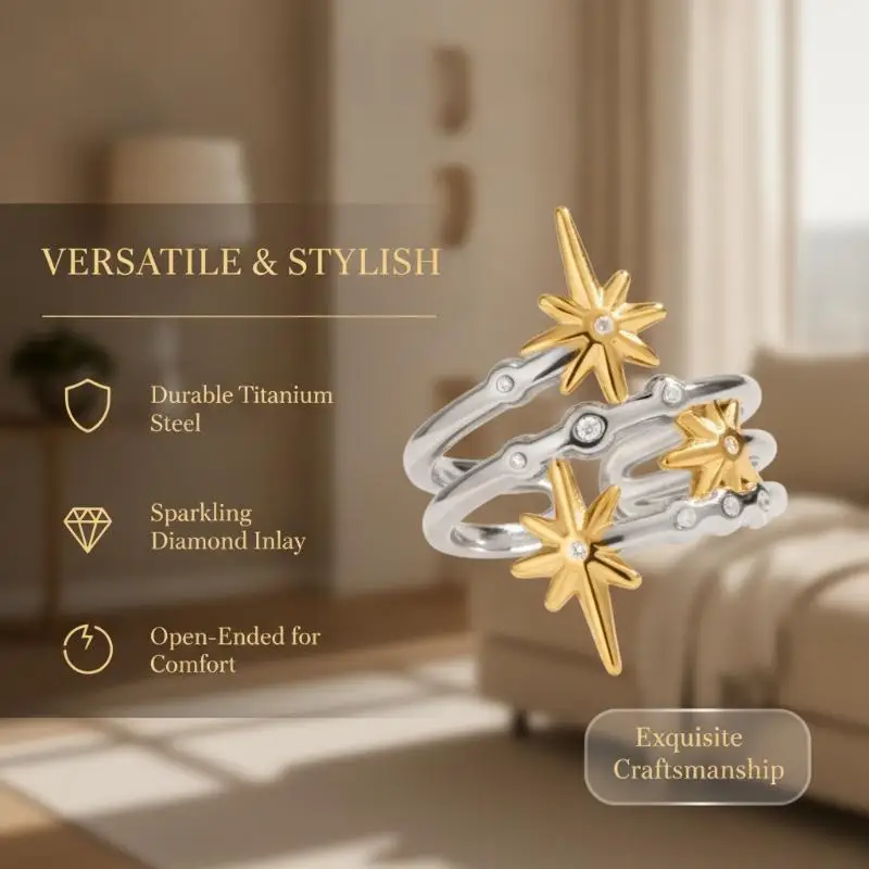 Eight Pointed Star Inlaid Zircon Open Ring Multi Layer Adjustable Stackable Finger Ring Simple Luxury Jewelry Women Jewellery