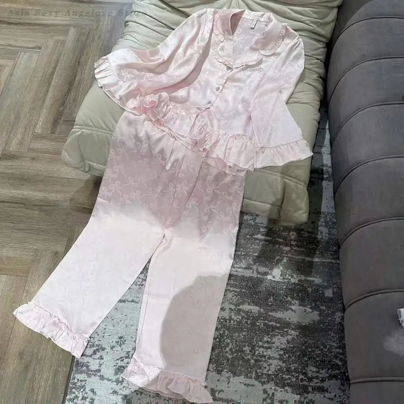 2025 Autumn New Pajama Set Lotus Leaf Edge Jacquard Pyjamas Suit Long Sleeve Shirt&Trouser Sleepwear Women's Sweet Home Clothes