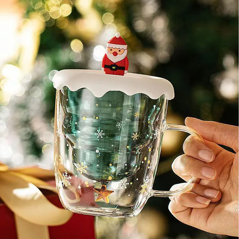 

Christmas Double Walled Glass Cups With Lid Heat Resistant Mug For Milk Coffee Home Party Teacup Drinking Glass Gift 300ml