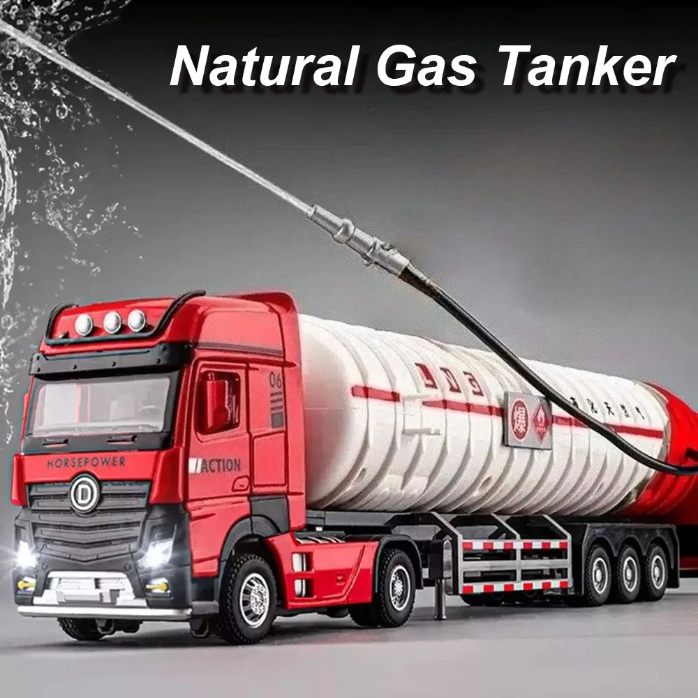 

1:50 Extended Trailer Natural Gas Tanker Truck Alloy Dump Car Model Diecast Toy Sound Light Pull Back Doors Opened Cars Kid Gift