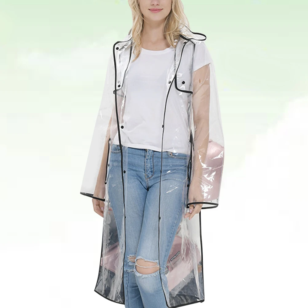 

Black Slicker Women Clear Raincoat Hooded Lightweight Mid Long Waterproof Transparent Fashion Jacket Outdoor Cycling