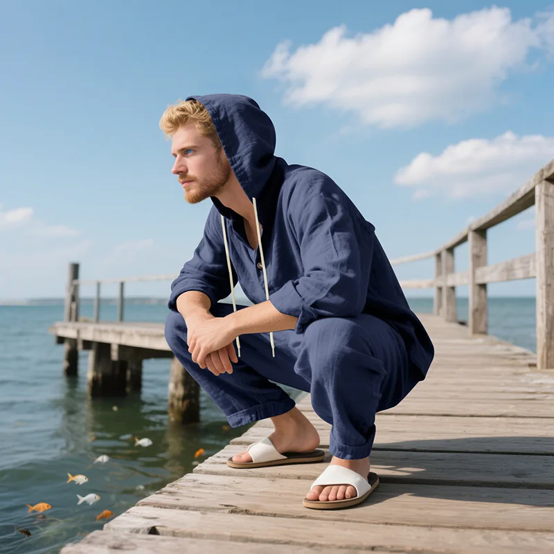 

Новый весенне-осенний свободный мужской комплект с капюшоном, пляжный повседневный костюм из льняного материала из двух предметов