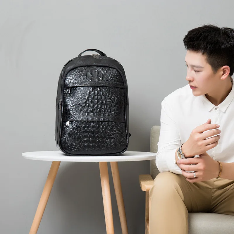 2023 Fashion Genuine Leather Men Backpacks Alligator Real Natural Leather Student Backpack Boy Luxury Travel Computer Laptop Bag