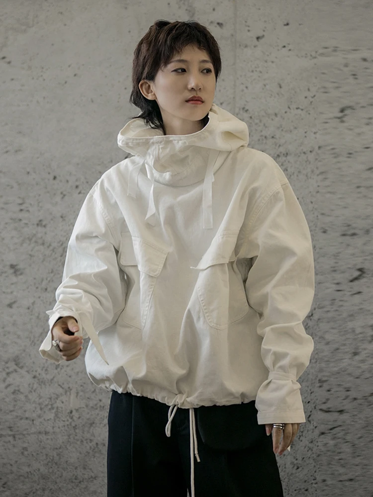 [EAM] Loose Fit White Drawstring Pockets Sweatshirt New Hooded Long Sleeve Women Big Size Fashion Spring Autumn 2024 1DF5350