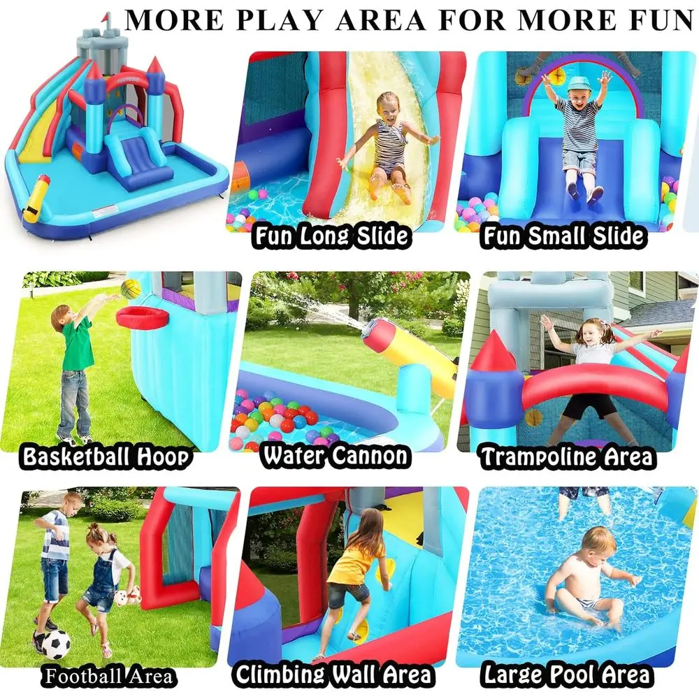 Parco di scivoli d'acqua Iatable, scivoli d'acqua Iatable Bounce House per bambini - Parete da arrampicata, 2 diapositive, area paraspruzzi e trampolino – Facile