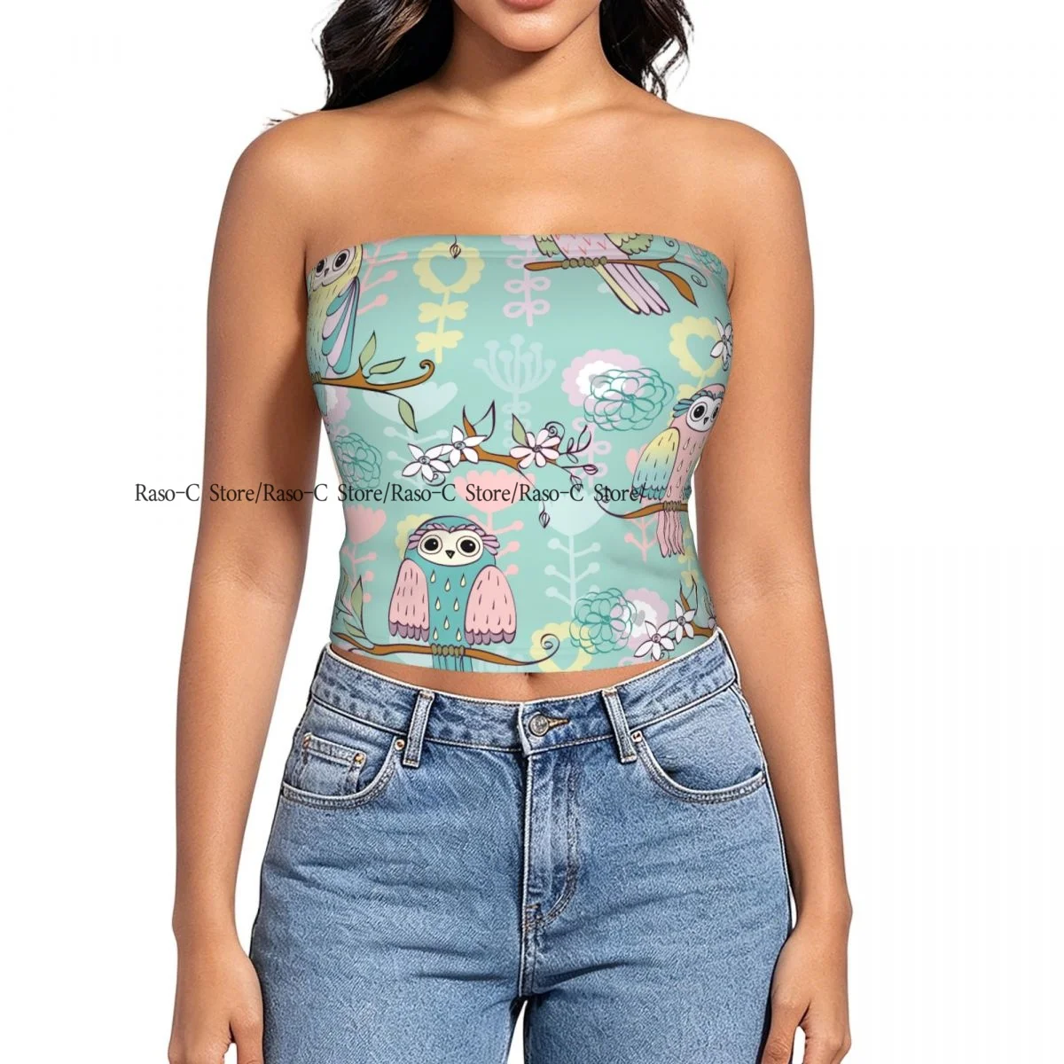 Women Shirt Summer Strapless Backless Tops Illustration With Owl Sitting On Branches Sleeveless Vest