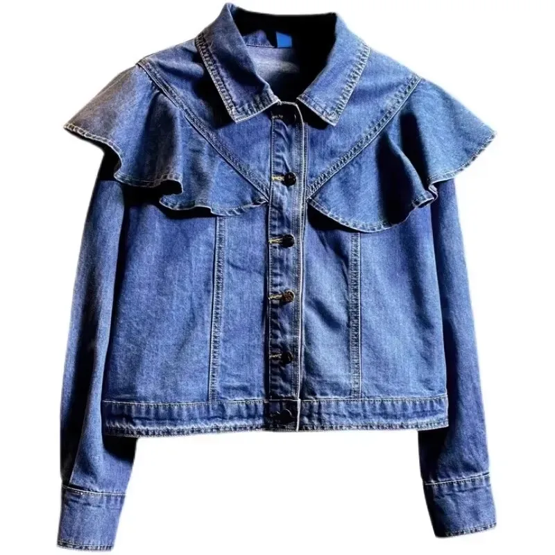Fashion Ruffles Stitching Thin Denim Jacket Spring Autumn Lapel Single-breasted Long Sleeve Casual Women Short Cowboy Outwear