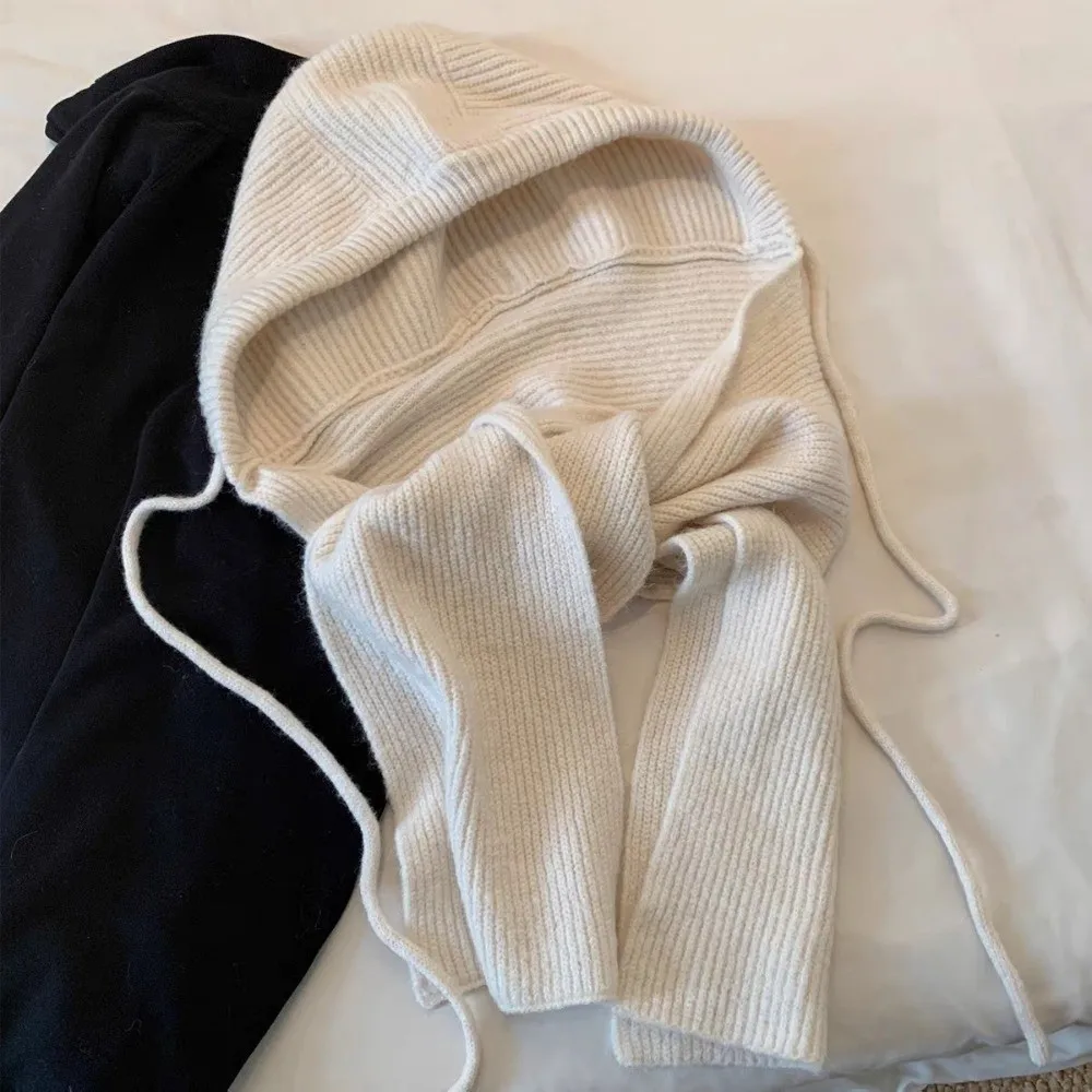 Koreanischer Winter-Stil: Balaclava-Mütze, einfarbig, dick gestrickt, Kapuzenschal-Kombination, gemütlicher Fleece, winddicht, integrierter Nackenwärmer – Detail 9
