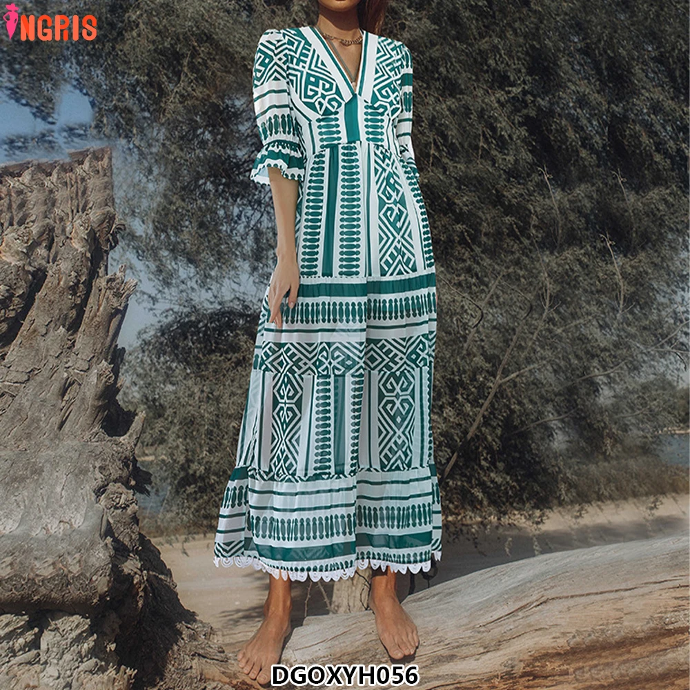 

French V-Neck Women Strip Printed Long Sleeves High Waist Casual Temperament Maxi Dress 2025 Autumn-DGOXYH056