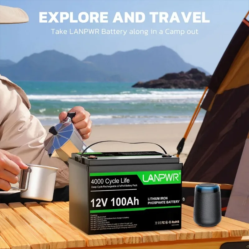 LANPWR 12V100AH بطارية تخزين الطاقة مع وظيفة بلوتوث IP65 مقاوم للماء LiFePO4 بطارية السيارة مناسبة بطارية احتياطية المنزل