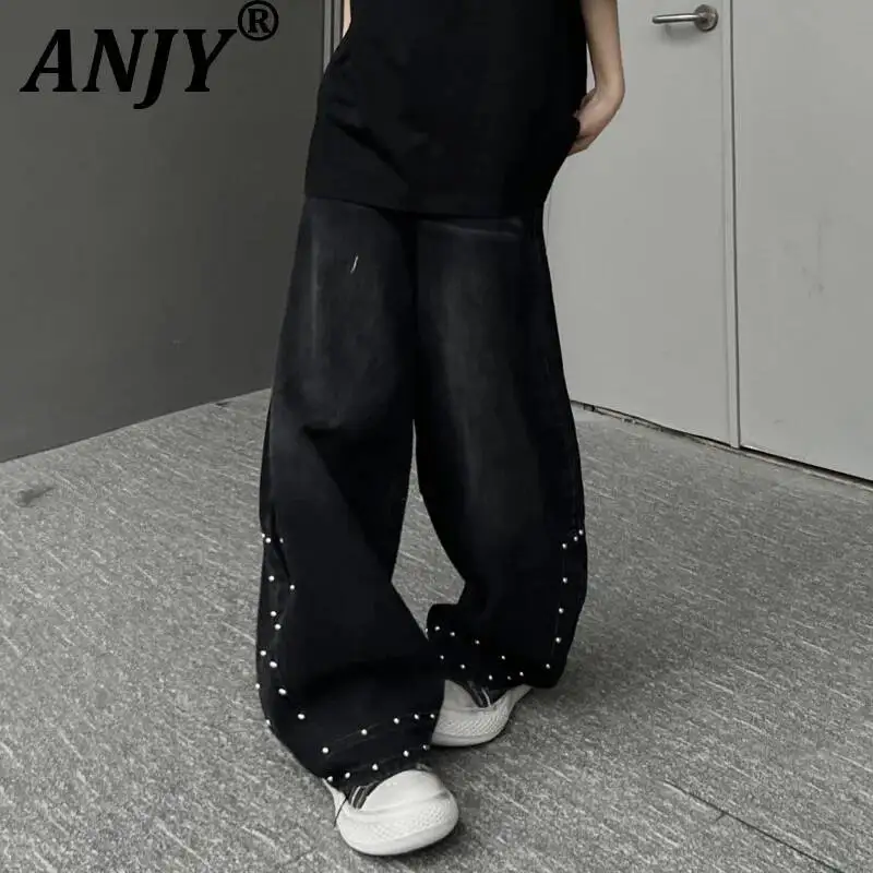 

ANJY Spring Autumn New Women American Style Retro Streetwear Washed Rivet Loose Wide-leg Jeans Trendy Fashion Denim Pants A22937