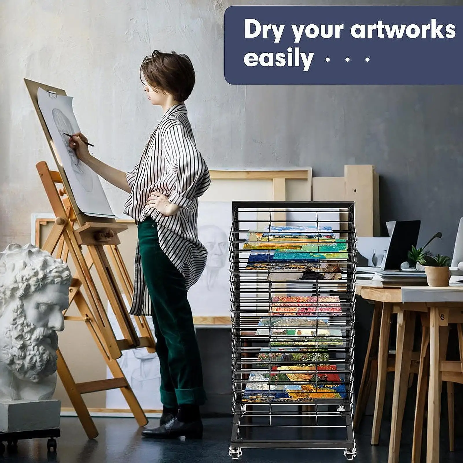 Art Drying Rack with Wheels Iron Fashion Stable Art Studio Storage Drawings 18 Shelves Portable for Artist Drawings Sketches