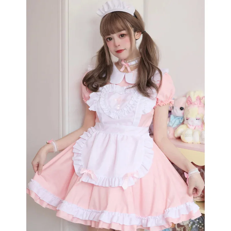 Cosplay meid kostuum anime crème lieverd outfit Roze Lolita Jurk schattig meisje meid dragen uniform korte mouwen verpleegster kostuums d