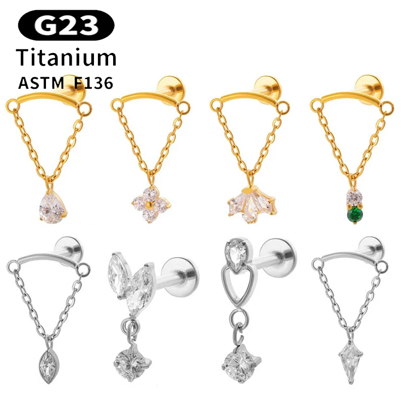 1PC G23 Titanium 16G Piercing Labret Stud Internal Thread Flatback CZ Pendant Chain Helix Tragus Stud Lip Lobe Piercing Jewelry
