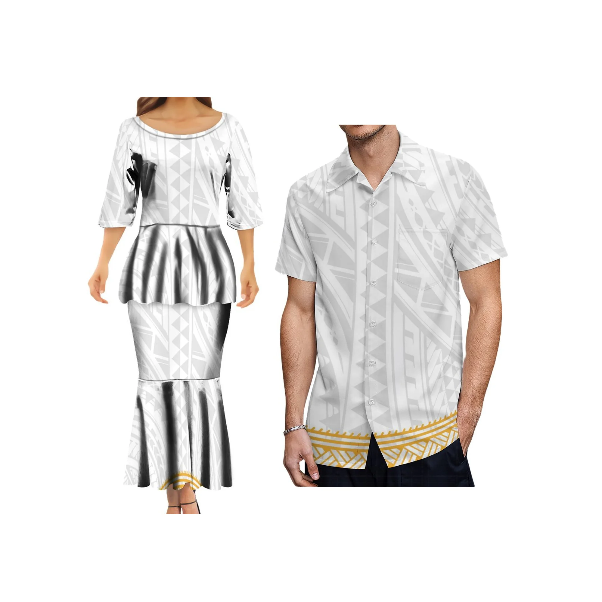 High Quality Samoa Custom Design Polynesian Tribal Puletasi Samoa Fishtail Dress And Shirt Couple Clothes