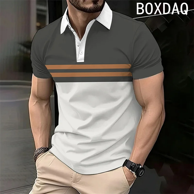 2025 New Men's Polo Shirt Plus Size Fashion 3D Stripe Printed Polos Business Casual Short Sleeve Lapel Slim Polo shirt