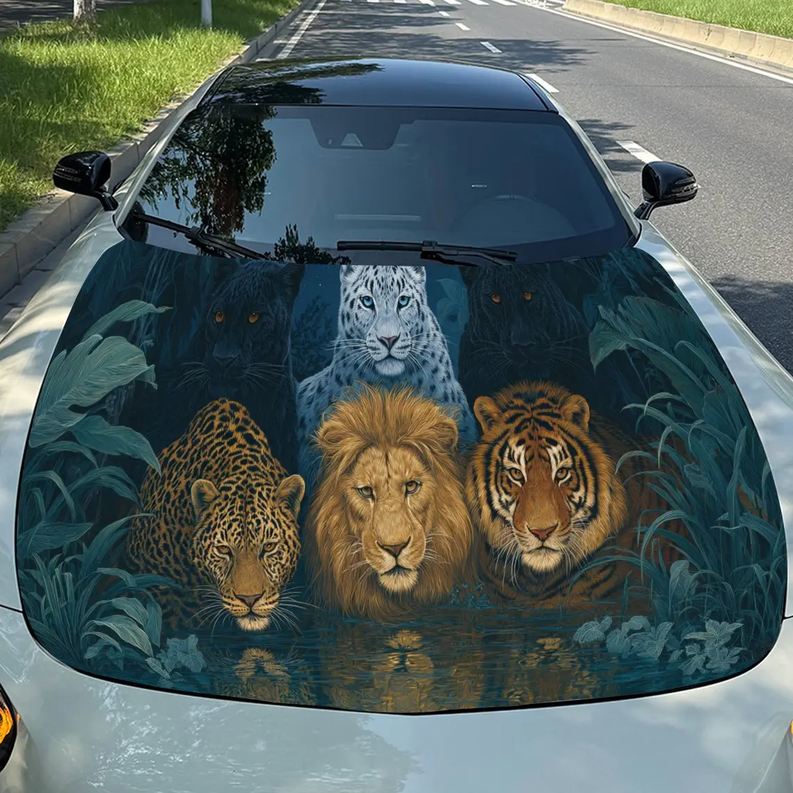 

Jungle Beasts Лев Тигр ПВХ обертывания на капот автомобиля, самоклеящаяся водонепроницаемая наклейка на капот автомобиля, защитная наклейка для украшения автомобиля